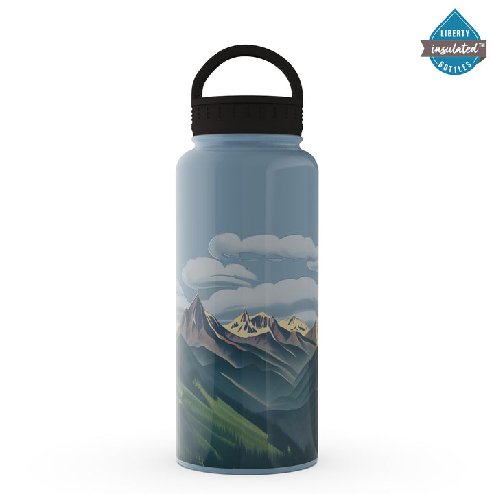 Mountains printed on a blue bottle