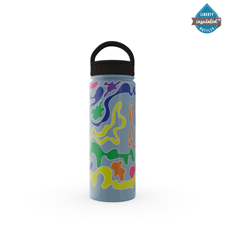 A light blue bottle with a colorful pattern printed on it.