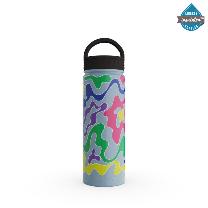 A light blue bottle with a colorful pattern printed on it.