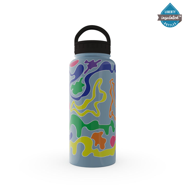 A light blue bottle with a colorful pattern printed on it.