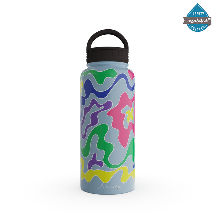 A light blue bottle with a colorful pattern printed on it.