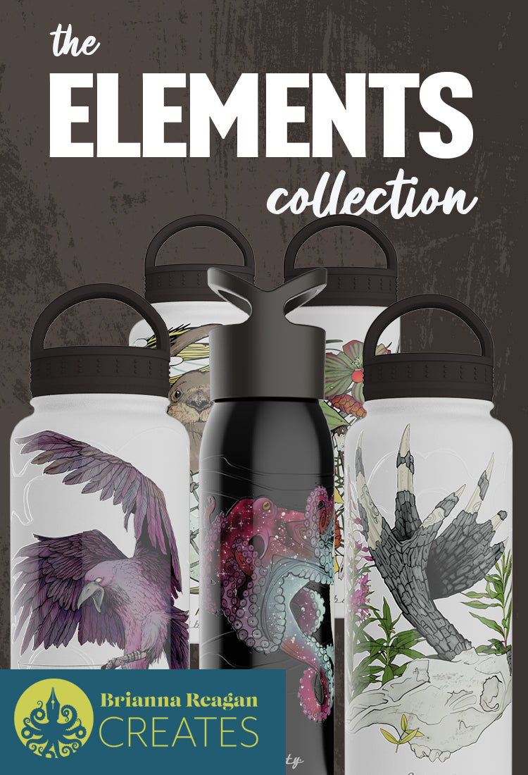 Bottles with animals and other natural elements printed on them.