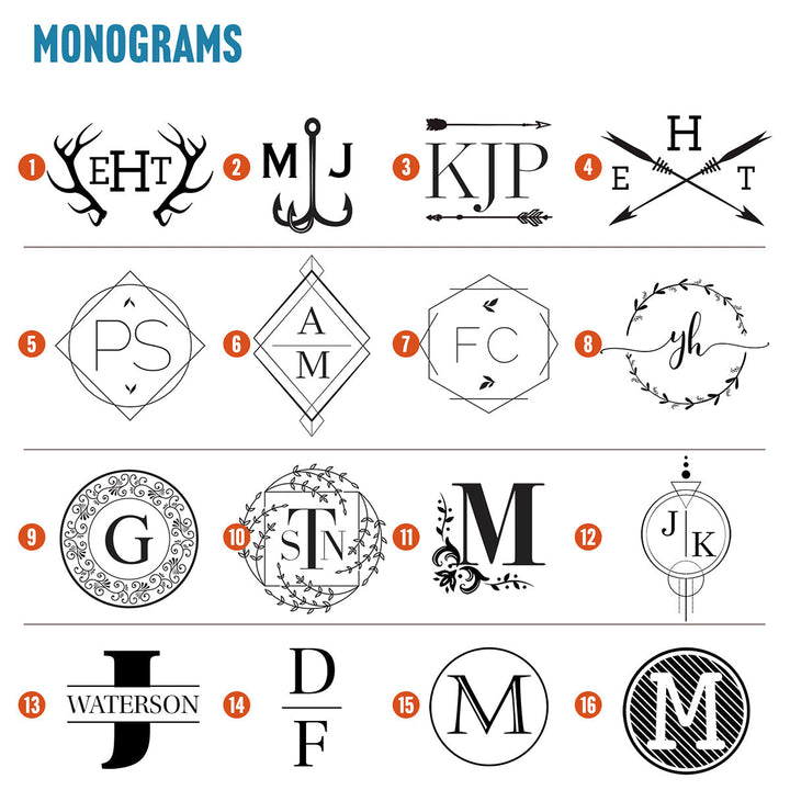 Monogram options that can be engraved on bottles