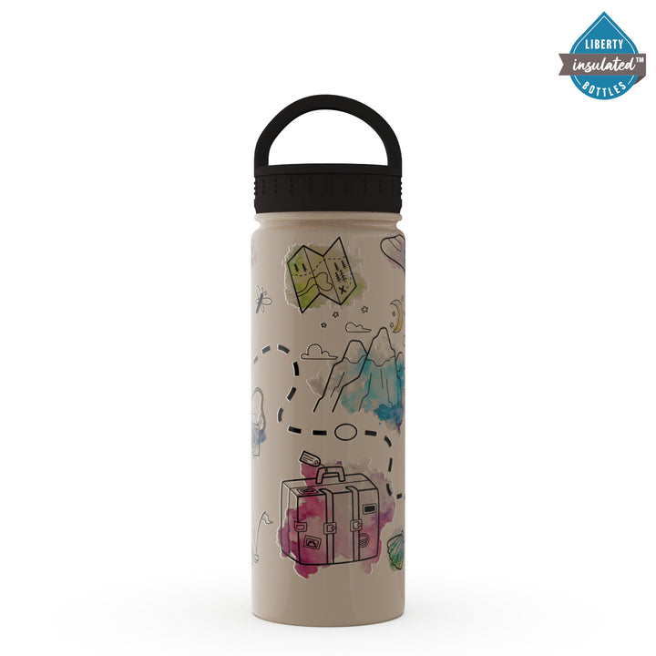 A whimsical travel design on a tan bottle