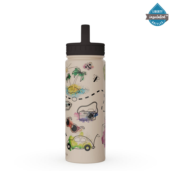 A whimsical travel design on a tan bottle