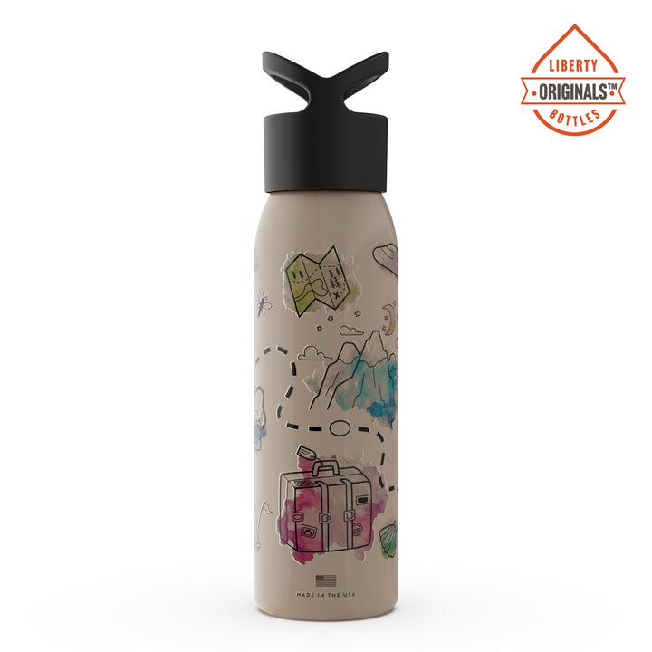 A whimsical travel design on a tan bottle