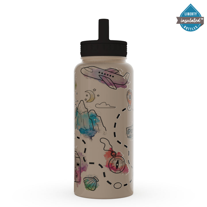 A whimsical travel design on a tan bottle