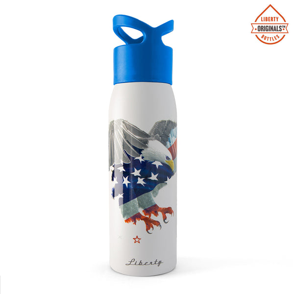 A majestic eagle double exposed with the American flag on a white bottle