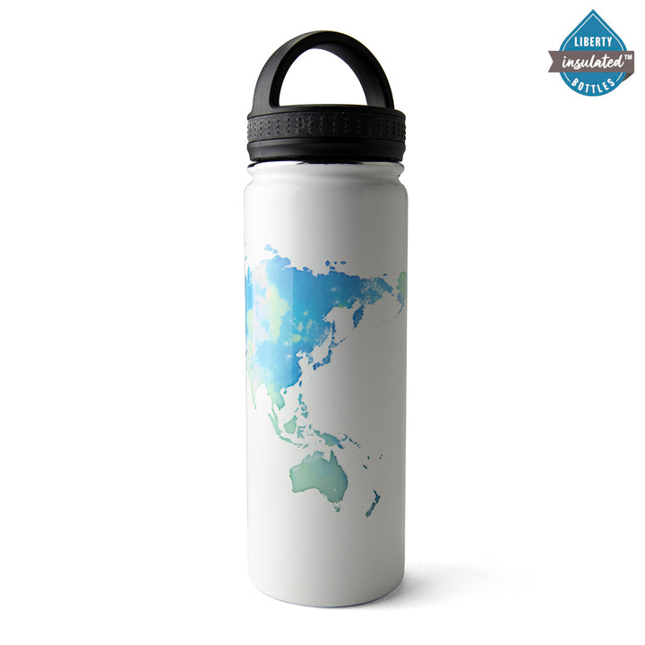 Wanderlust text over a world map on a white bottle with a d-ring cap