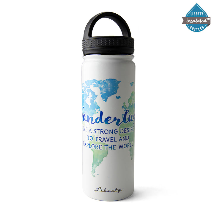 Wanderlust text over a world map on a white bottle with a d-ring cap