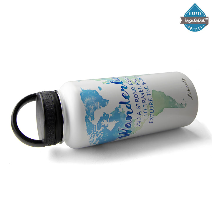 Wanderlust text over a world map on a white bottle with a d-ring cap