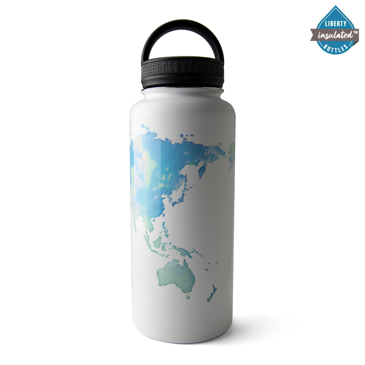 Wanderlust text over a world map on a white bottle with a d-ring cap