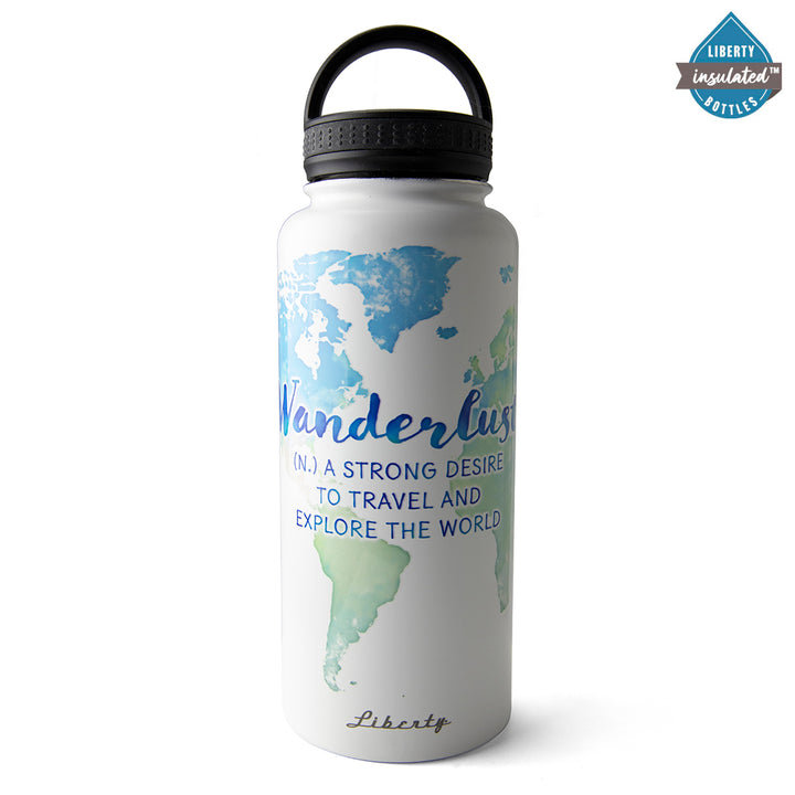 Wanderlust text over a world map on a white bottle with a d-ring cap